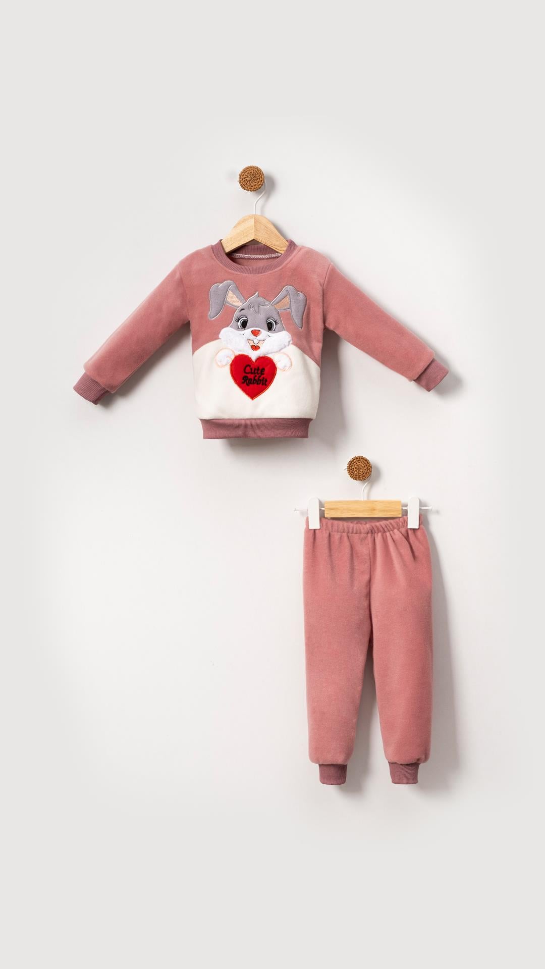 Tavşan Görselli Kız Bebek & Çocuk Polar Kışlık Alt Üst Takım-Pembe