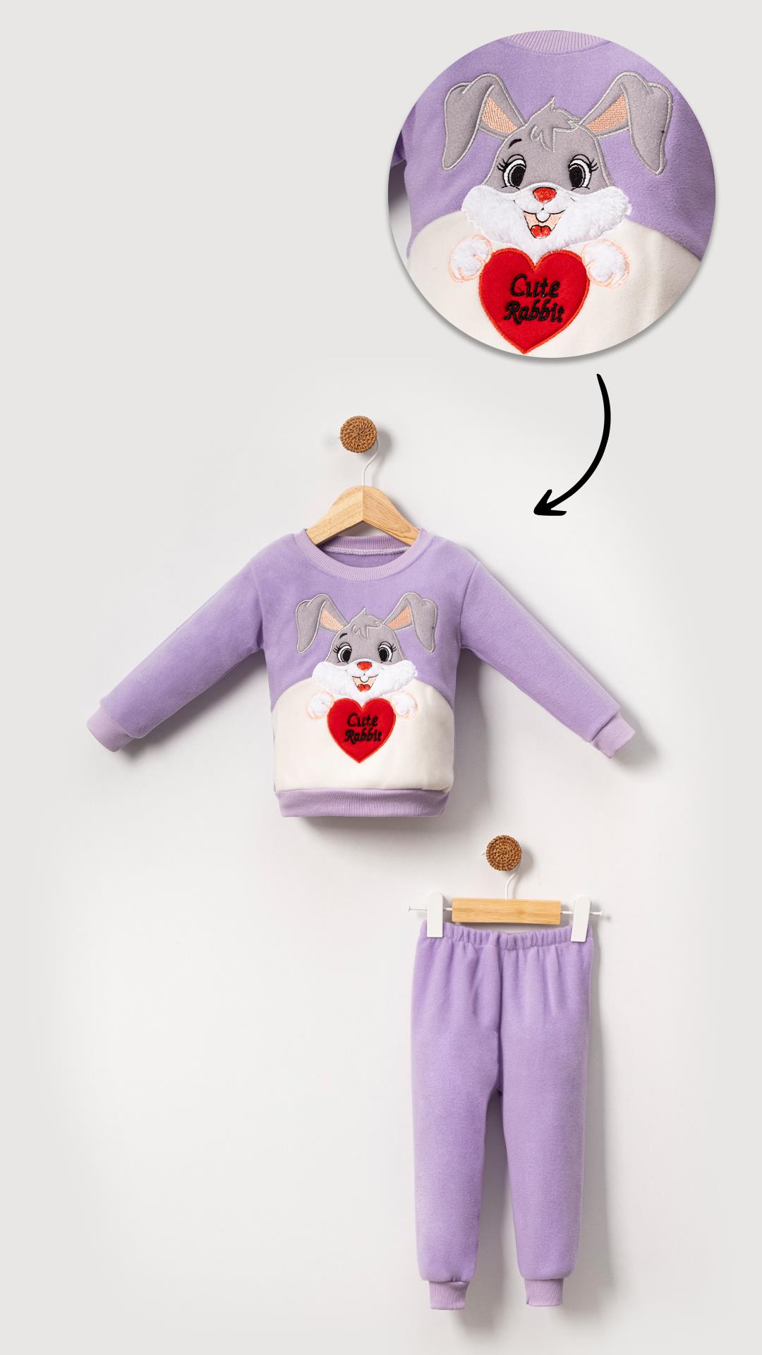 Tavşan Görselli Kız Bebek & Çocuk Polar Kışlık Alt Üst Takım-Lila