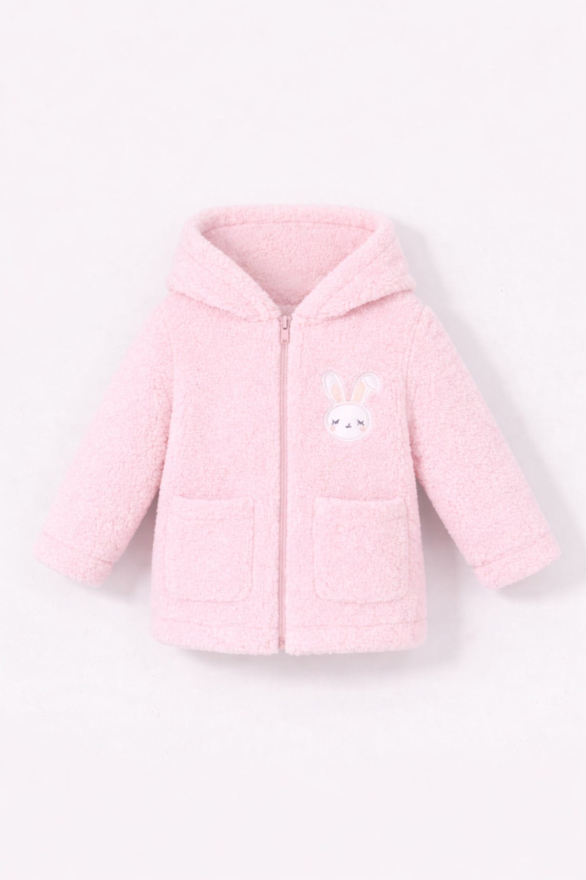 Tavşan Nakışlı Fermuarlı Cepli Kız Bebek Peluş Welsoft Kışlık Hırka-Pembe