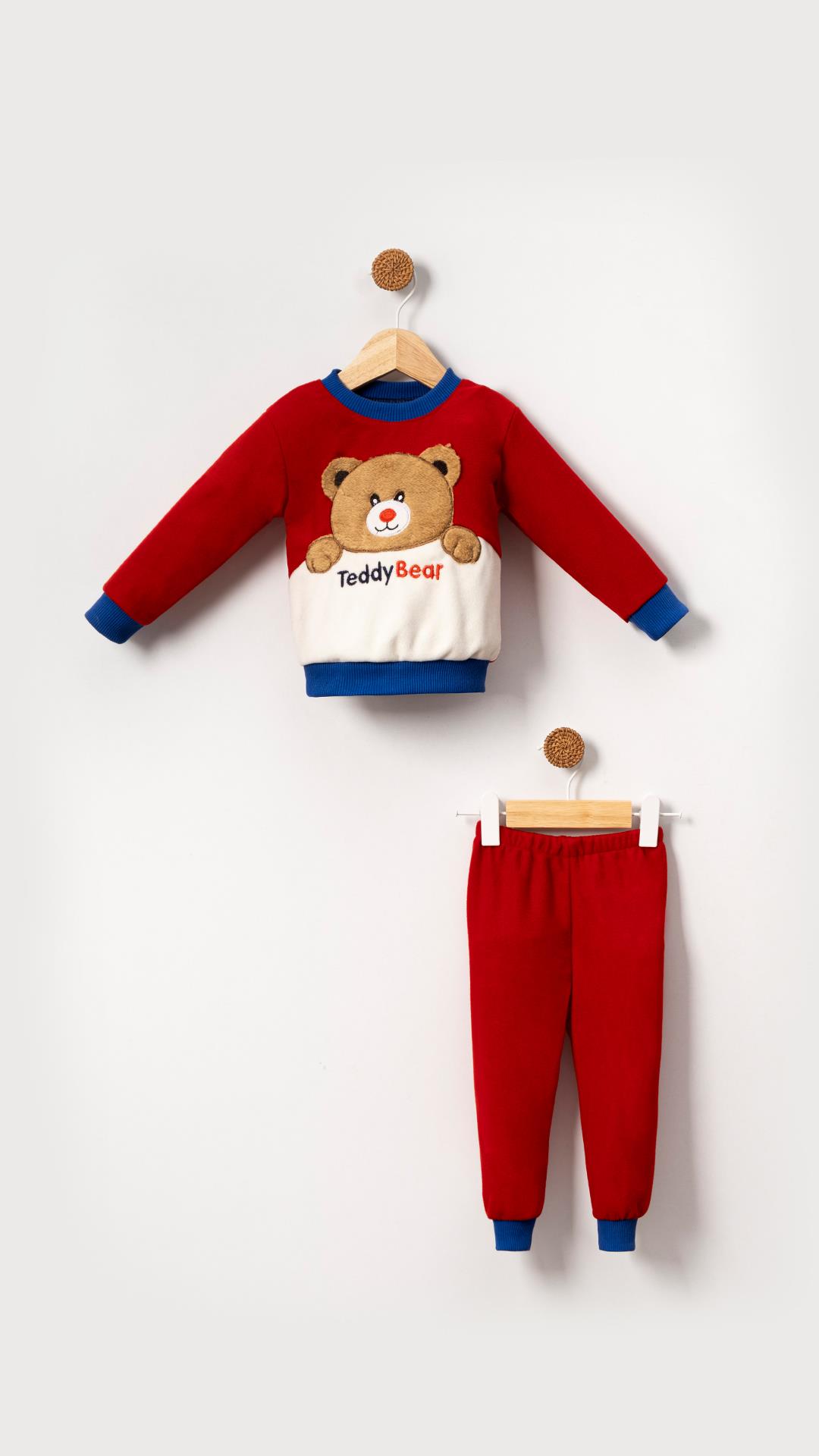 Teddy Bear Görselli Erkek Bebek & Çocuk Polar Kışlık Alt Üst Takım-Kırmızı