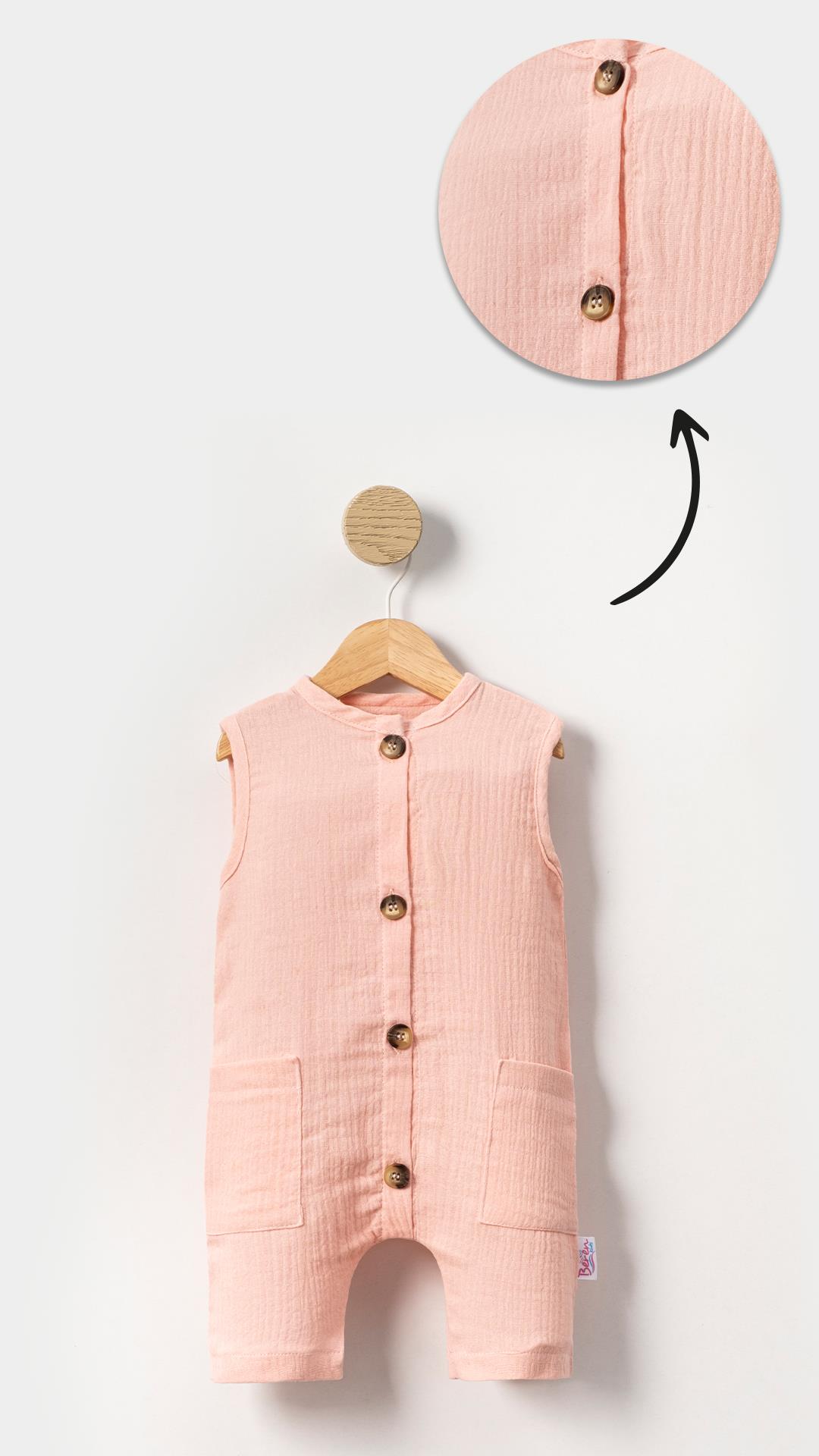 Unisex Bebek&Çocuk %100 Pamuklu Düğmeli Kolsuz Bebek Tulum-Somon