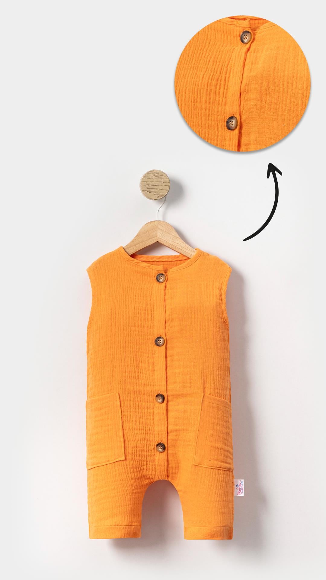 Unisex Bebek&Çocuk %100 Pamuklu Düğmeli Kolsuz Bebek Tulum-Turuncu