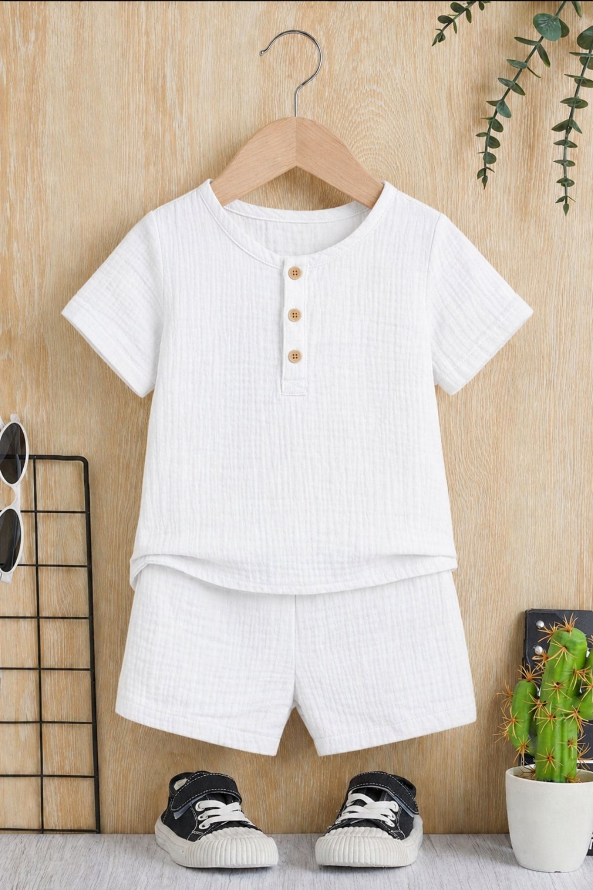 Unisex Bebek&Çocuk %100 Pamuklu Düğmeli Müslin Alt Üst Şort Takım-Beyaz