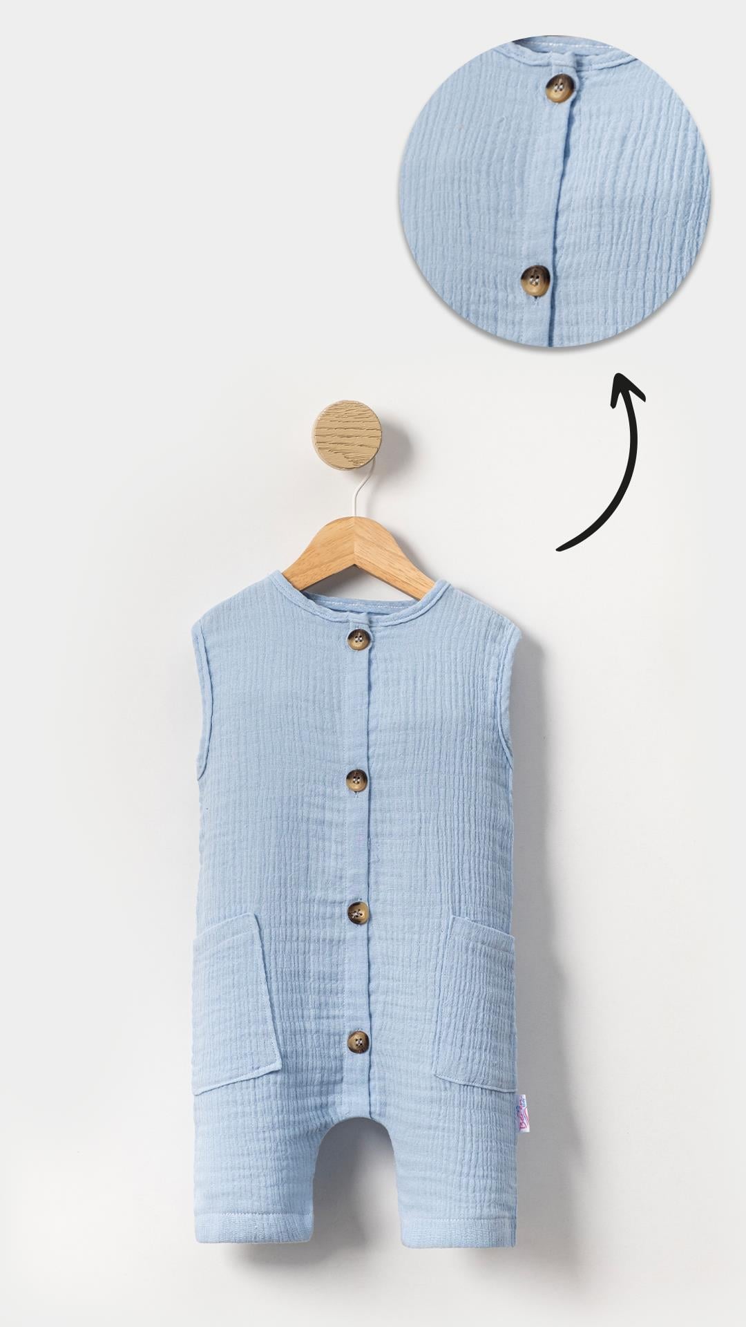 Unisex Bebek&Çocuk %100 Pamuklu Düğmeli Kolsuz Bebek Tulum-Mavi