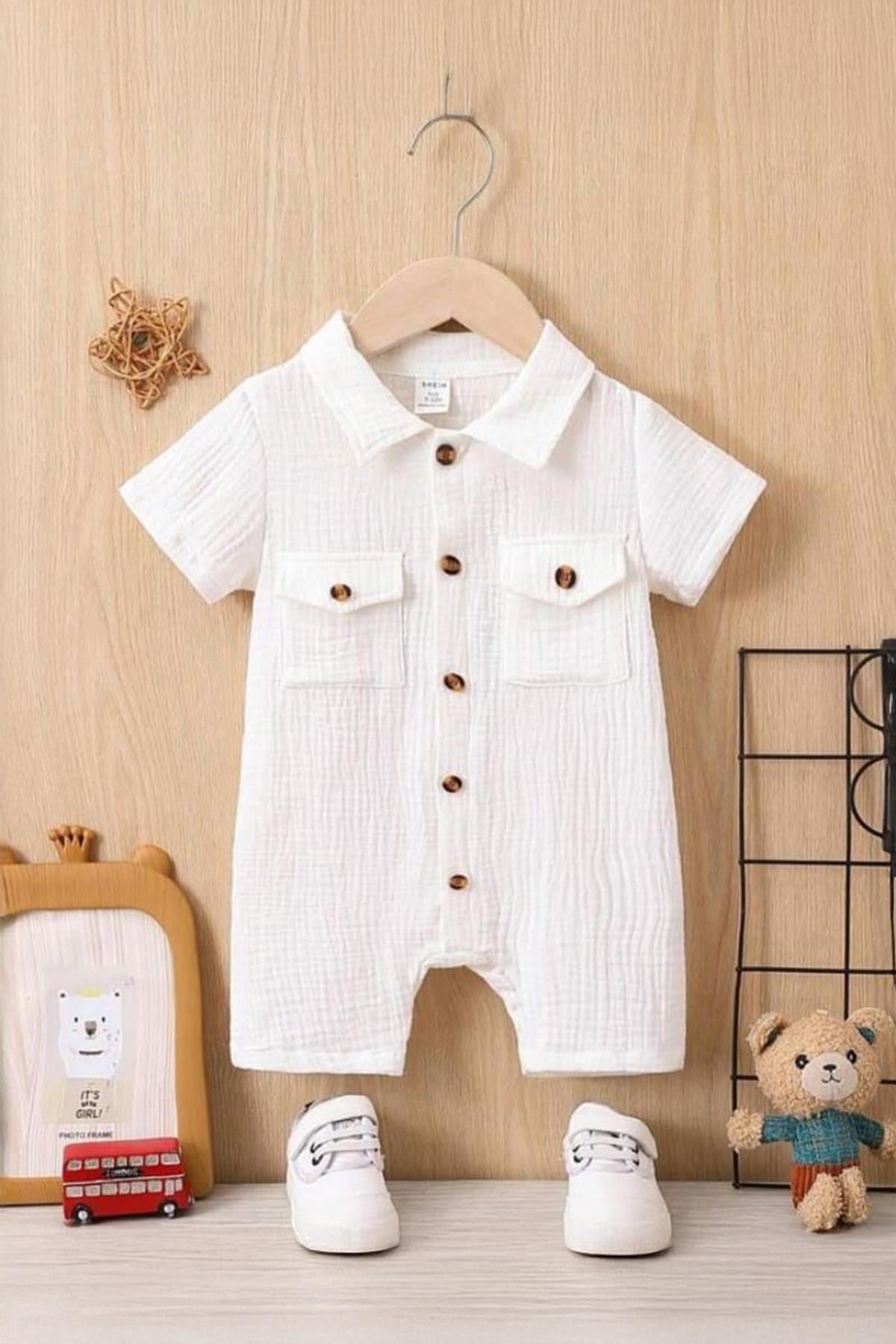 Unisex Bebek&Çocuk %100 Pamuklu Tahta Düğmeli Cepli Müslin Tulum-Beyaz