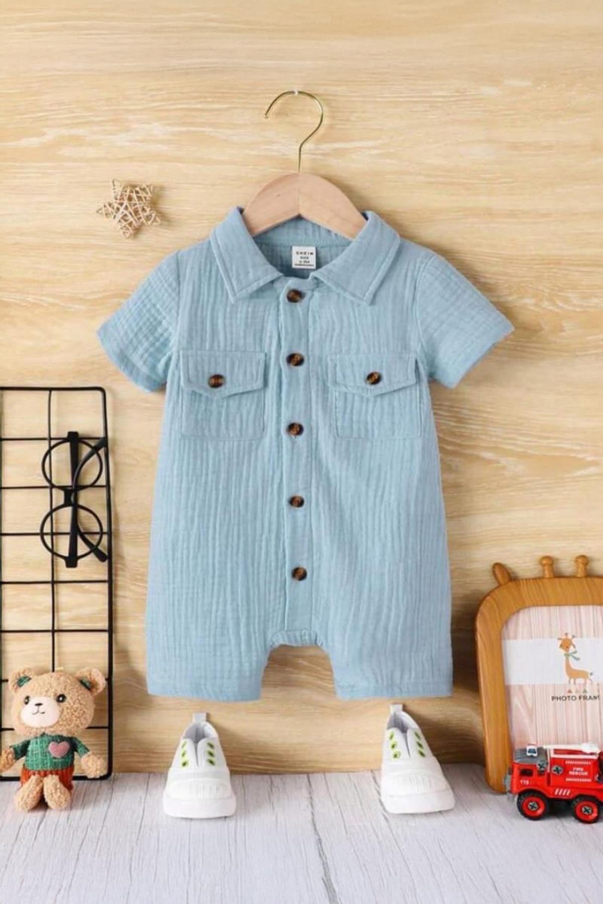 Unisex Bebek&Çocuk %100 Pamuklu Tahta Düğmeli Cepli Müslin Tulum-Turkuaz