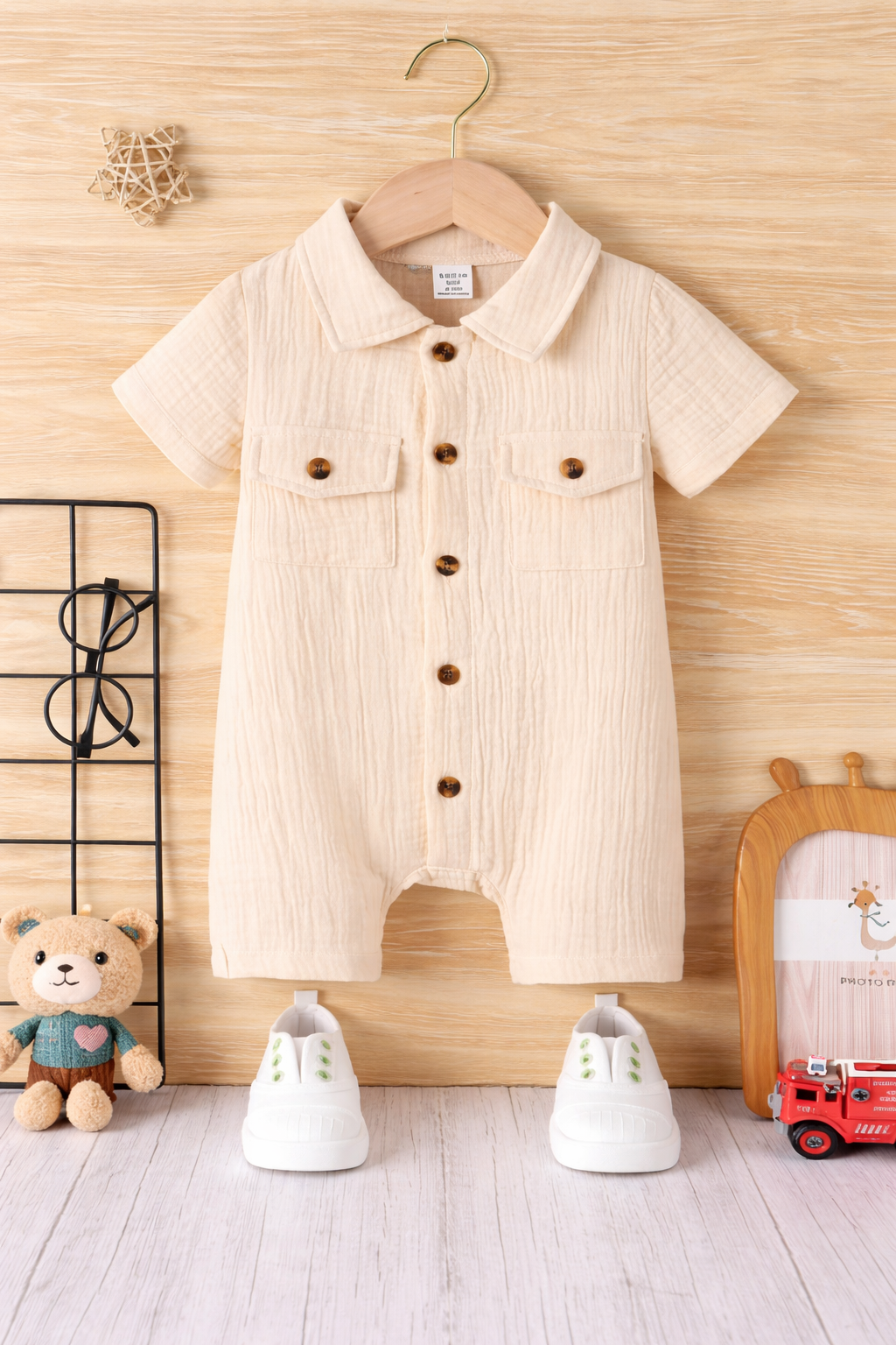 Unisex Bebek&Çocuk %100 Pamuklu Tahta Düğmeli Cepli Müslin Tulum-Ekru