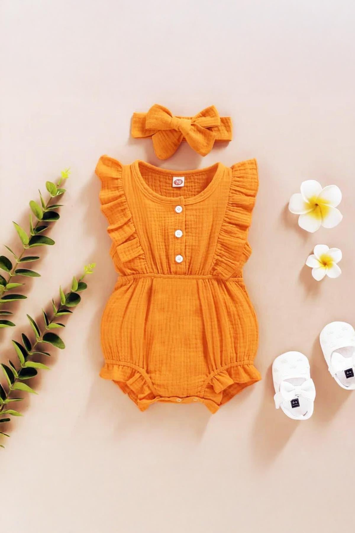 Unisex Kız Bebek&Çocuk %100 Pamuklu Bandanalı Tulum-Turuncu
