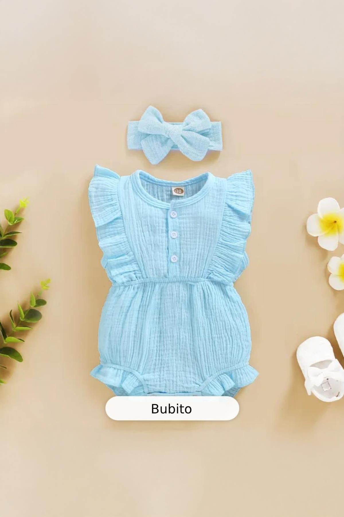 Unisex Kız Bebek&Çocuk %100 Pamuklu Bandanalı Tulum-Mavi