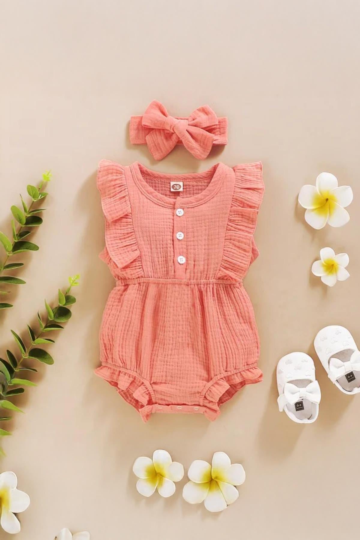 Unisex Kız Bebek&Çocuk %100 Pamuklu Bandanalı Tulum-Pembe
