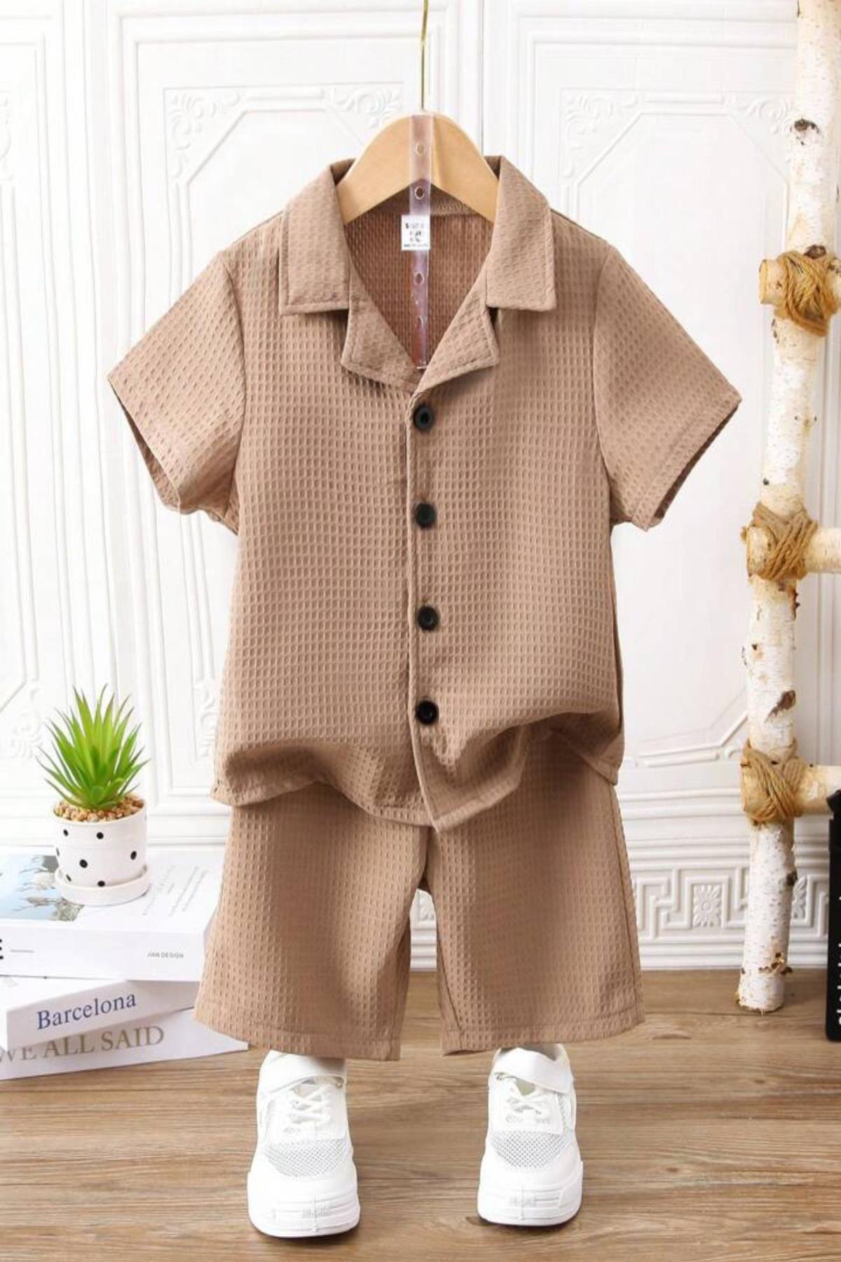 V Yaka Gömlek Detaylı Pamuklu Waffle Şort Takım-Bej