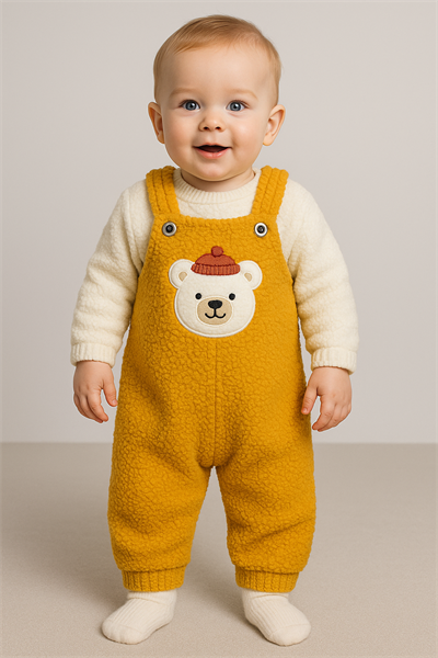 Ayı Nakışlı Kışlık Peluş Welsoft 2'li Kapüşonlu Takım-Hardal