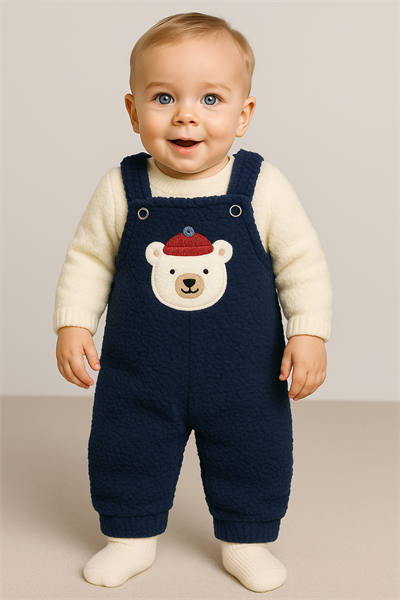 Ayı Nakışlı Kışlık Peluş Welsoft Bebek Tulum-Lacivert