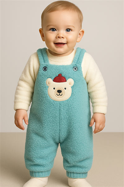 Ayı Nakışlı Kışlık Peluş Welsoft Bebek Tulum-Yeşil