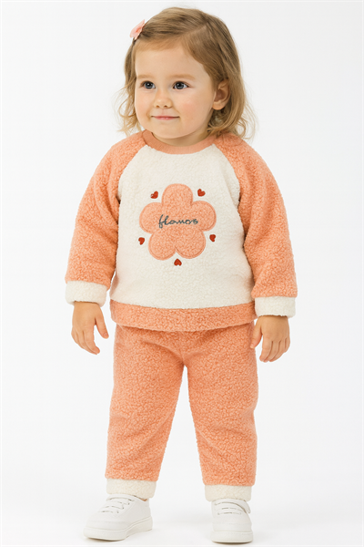 Çiçek Görselli Kışlık Peluş Welsoft Kız Bebek Çocuk 2'li Takım-Turuncu