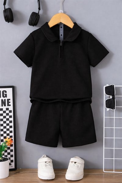 Fermuar Detaylı V Yakalı Pamuklu Yazlık Şort Takım-Siyah