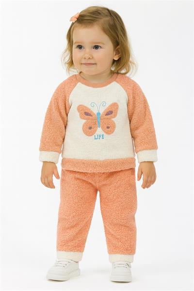 Kelebek Görselli Kışlık Peluş Welsoft Kız Bebek Çocuk 2'li Takım-Turuncu