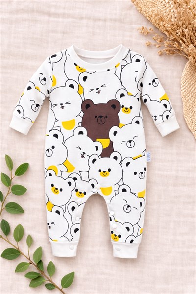 Sevimli Ayılar Görselli Bebek Tulum Beyaz