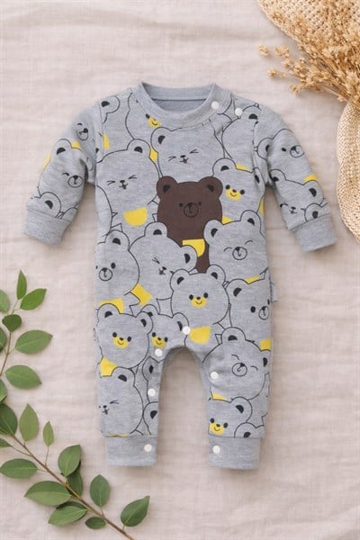 Sevimli Ayılar Görselli Bebek Tulum Gri