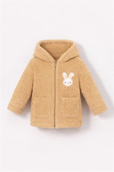 Tavşan Nakışlı Fermuarlı Cepli Kız Bebek Peluş Welsoft Kışlık Hırka-Kahverengi