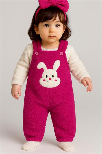 Tavşan Nakışlı Kışlık Peluş Welsoft Bebek Tulum-Fuşya