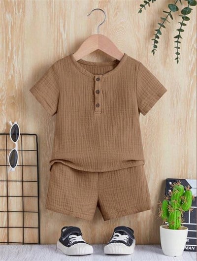 Unisex Bebek&Çocuk %100 Pamuklu Düğmeli Müslin Alt Üst Şort Takım-Kahve