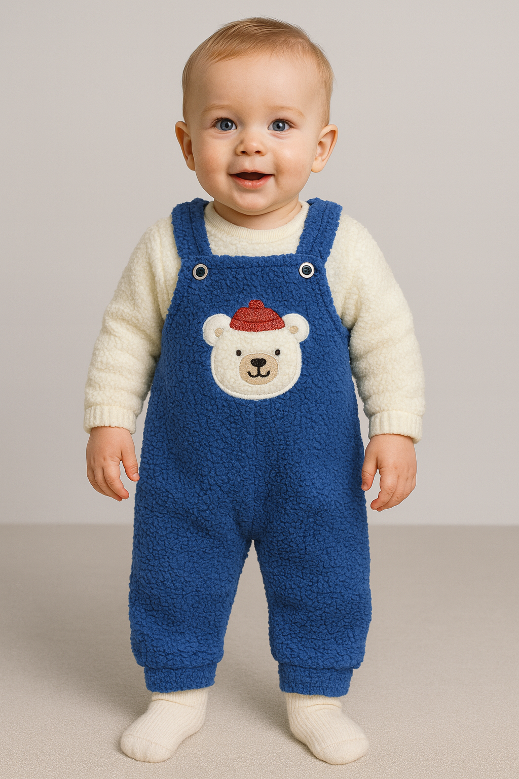 Ayı Nakışlı Kışlık Peluş Welsoft Bebek Tulum-Mavi