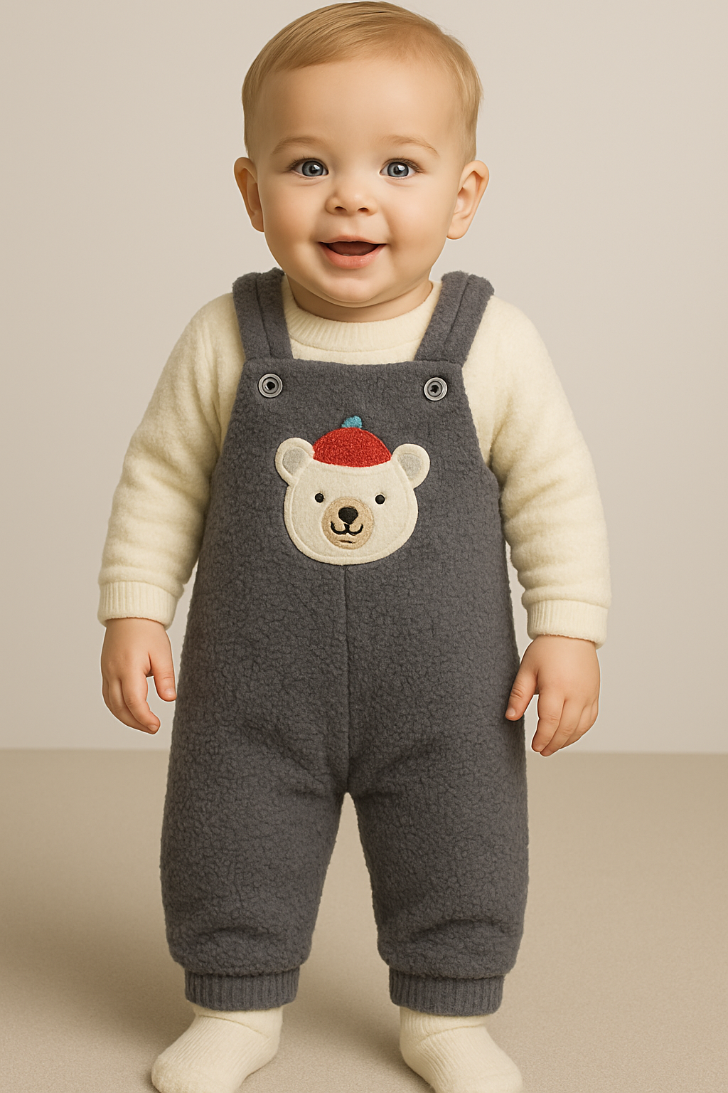 Ayı Nakışlı Kışlık Peluş Welsoft Bebek Tulum-Gri