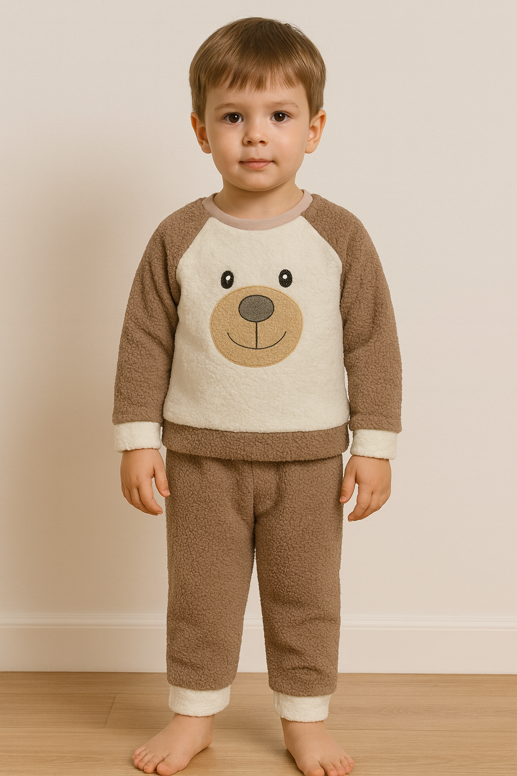 Ayıcık Nakışlı Bebek&Çocuk Kışlık Peluş Welsoft Alt Üst Takım-Kahverengi