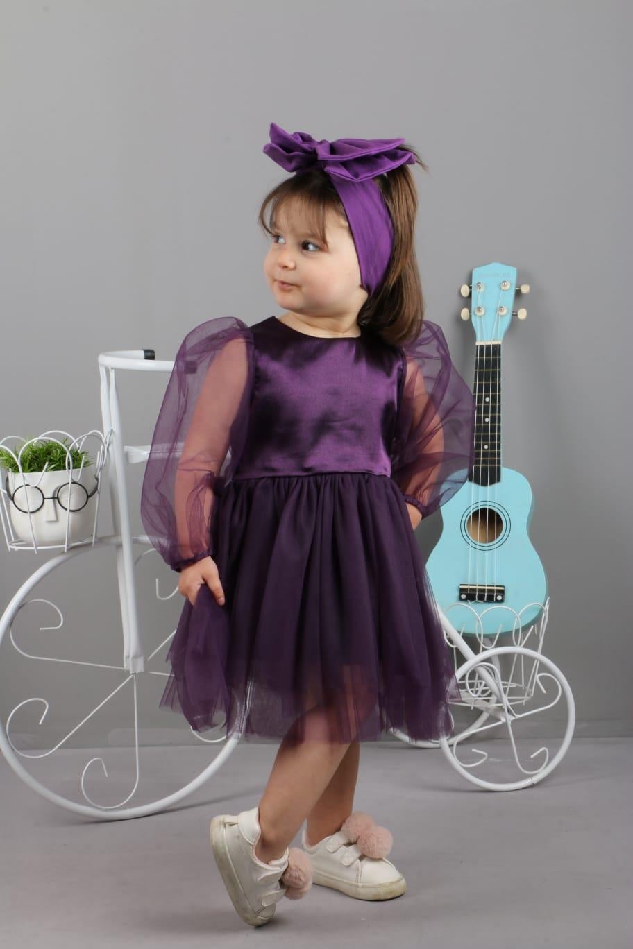 Bandanalı Tatlı Kız Elbisesi-Mor