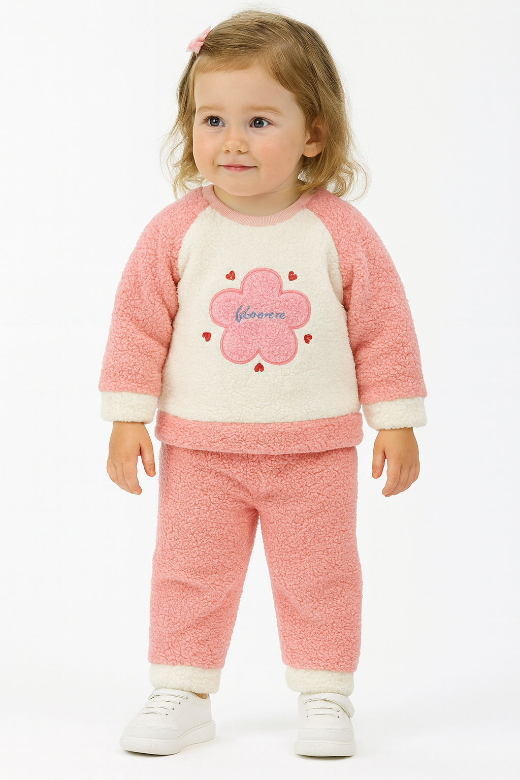 Çiçek Görselli Kışlık Peluş Welsoft Kız Bebek Çocuk 2'li Takım-Somon