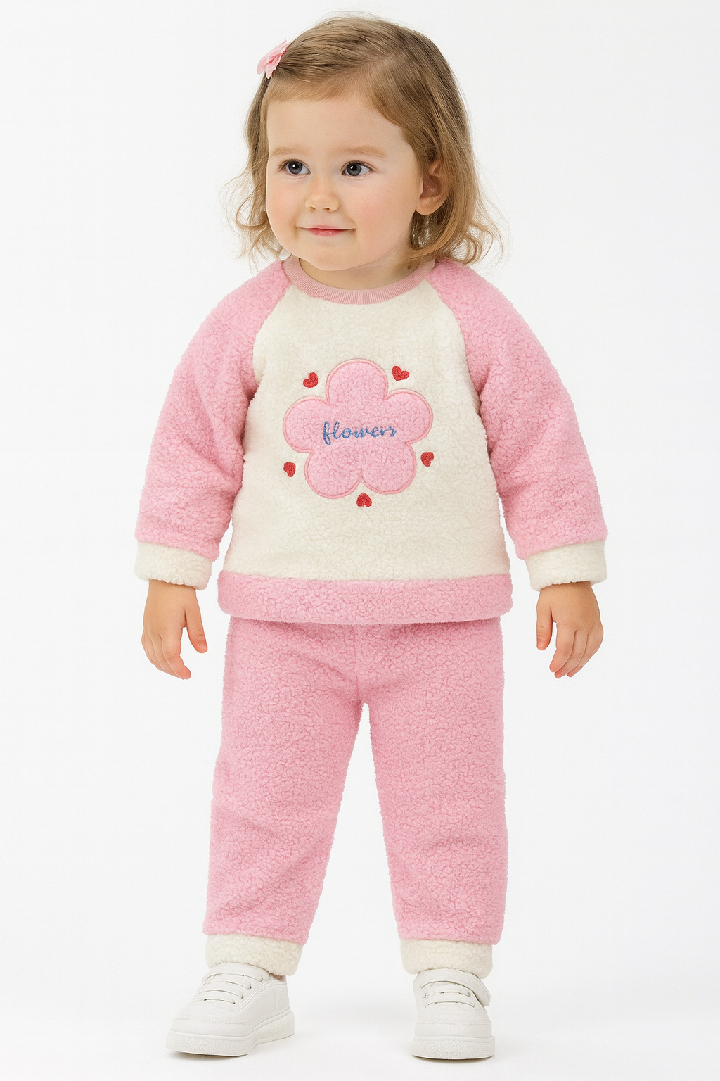 Çiçek Görselli Kışlık Peluş Welsoft Kız Bebek Çocuk 2'li Takım-Pembe