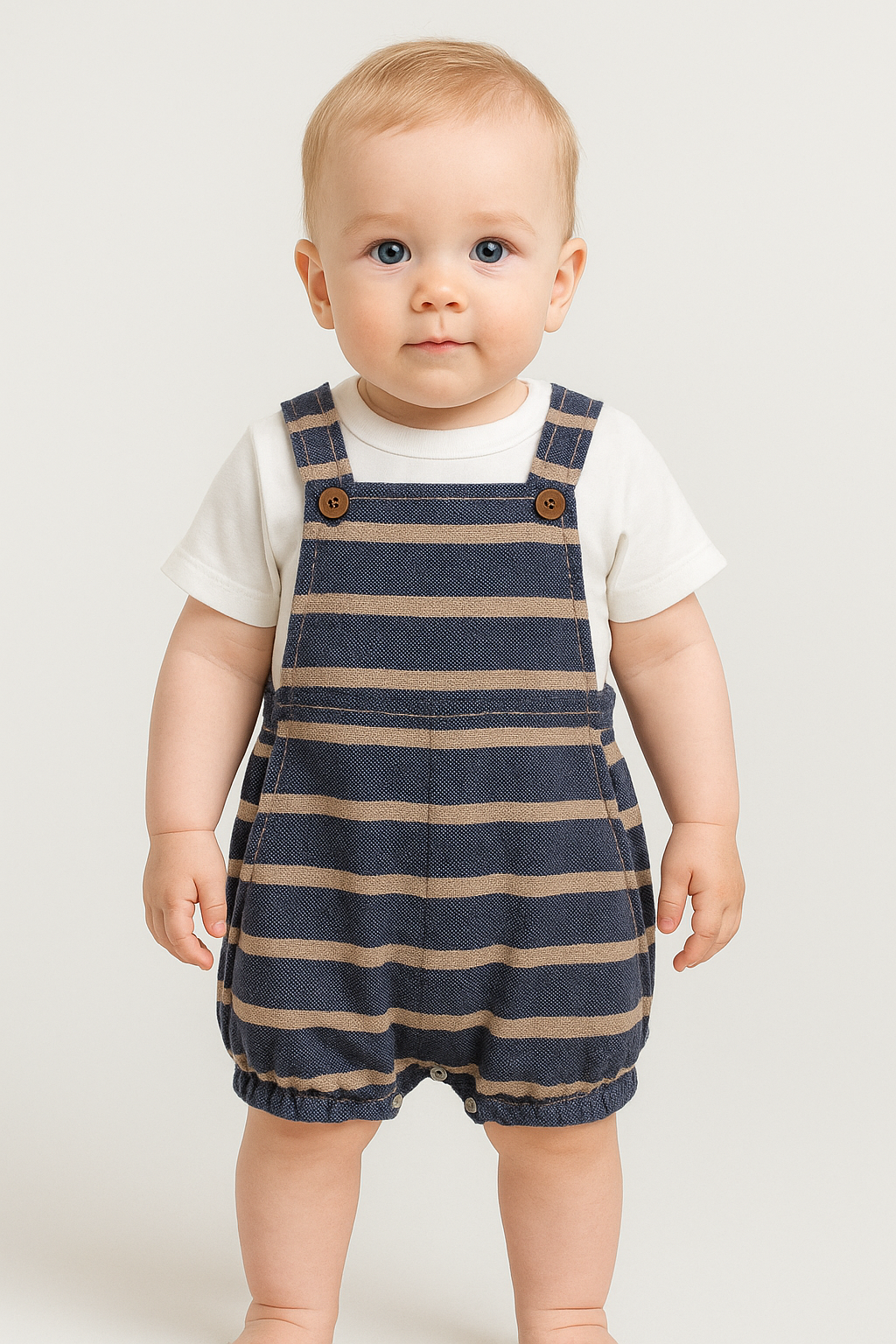 Çizgili Tshirt Detaylı Çıtçıtlı Pamuklu Yazlık Bebek Slopet Takım-Mavi