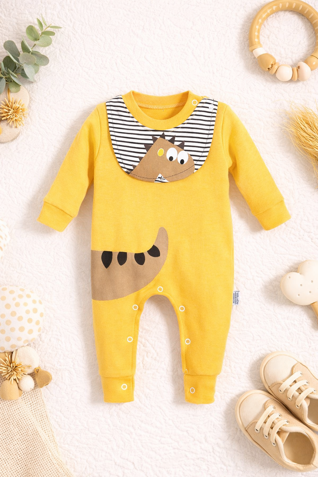 Dinazor Görselli ve Önlük Detaylı Bebek Tulum Sarı