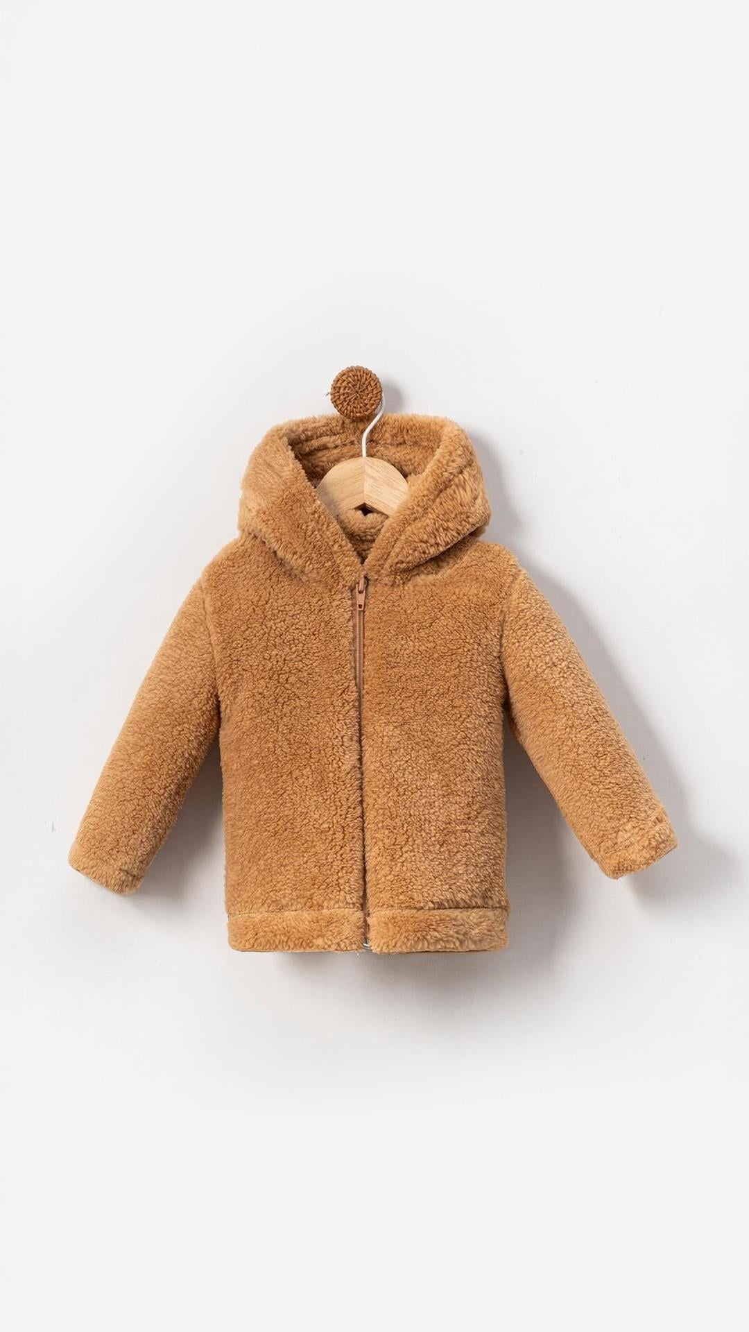Fermuarlı Kapüşonlu Bebek Peluş Welsoft Kışlık Hırka-Kahverengi