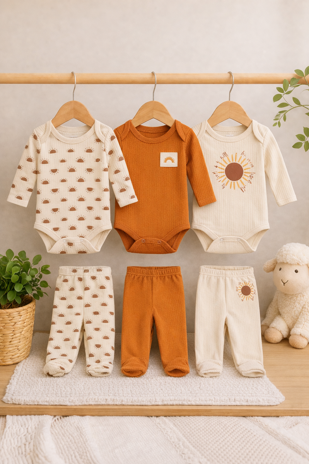 Güneş Desenli Penye Bebek 3'lü Alt Üst Takım Seti-Renkli Karışık