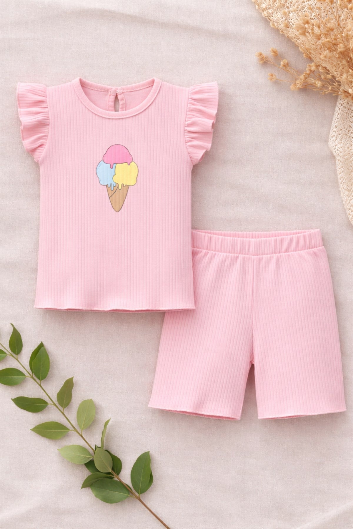 Kabartmalı Dondurma Görselli Pamuklu Kız Bebek Şort Takım-Pembe