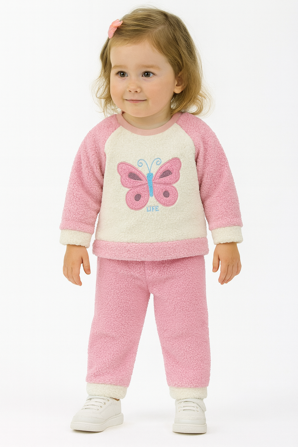 Kelebek Görselli Kışlık Peluş Welsoft Kız Bebek Çocuk 2'li Takım-Pembe