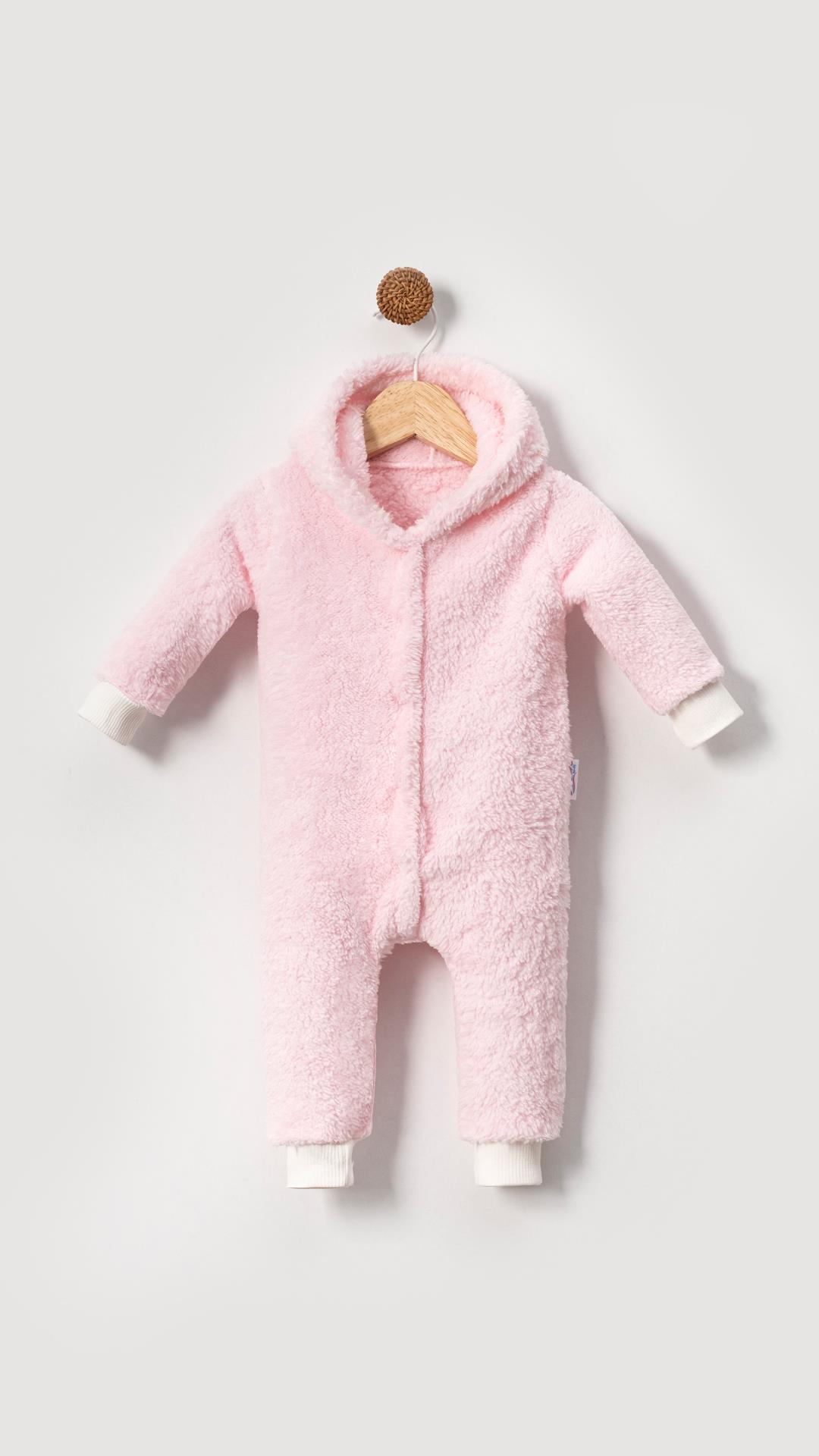Kışlık Tatlı Kapşonlu Bebek Peluş Welsoft Tulum-Pembe