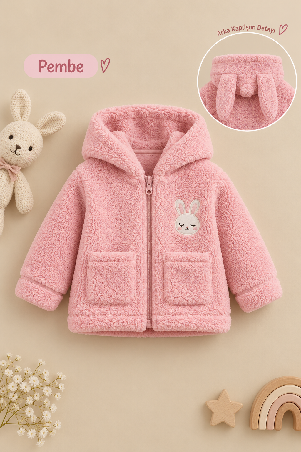 Kız Bebek Tavşan Nakışlı Fermuarlı Cepli Peluş Welsoft Kışlık Hırka - Pembe