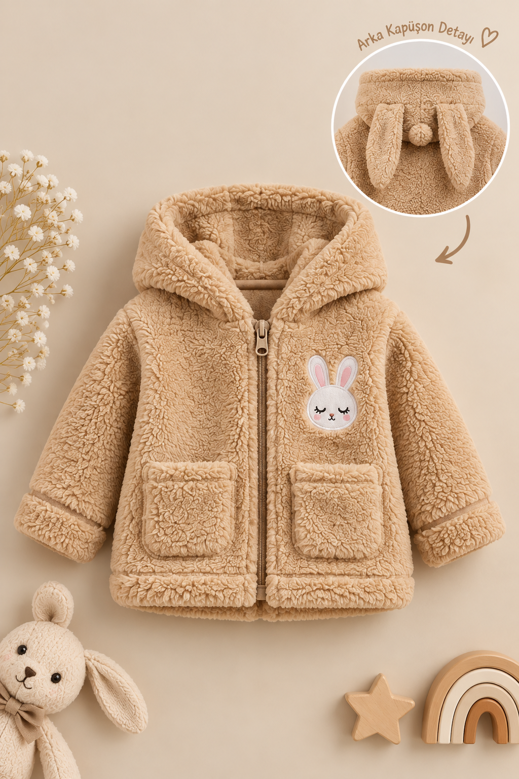 Kız Bebek Tavşan Nakışlı Fermuarlı Cepli Peluş Welsoft Kışlık Hırka - Kahverengi