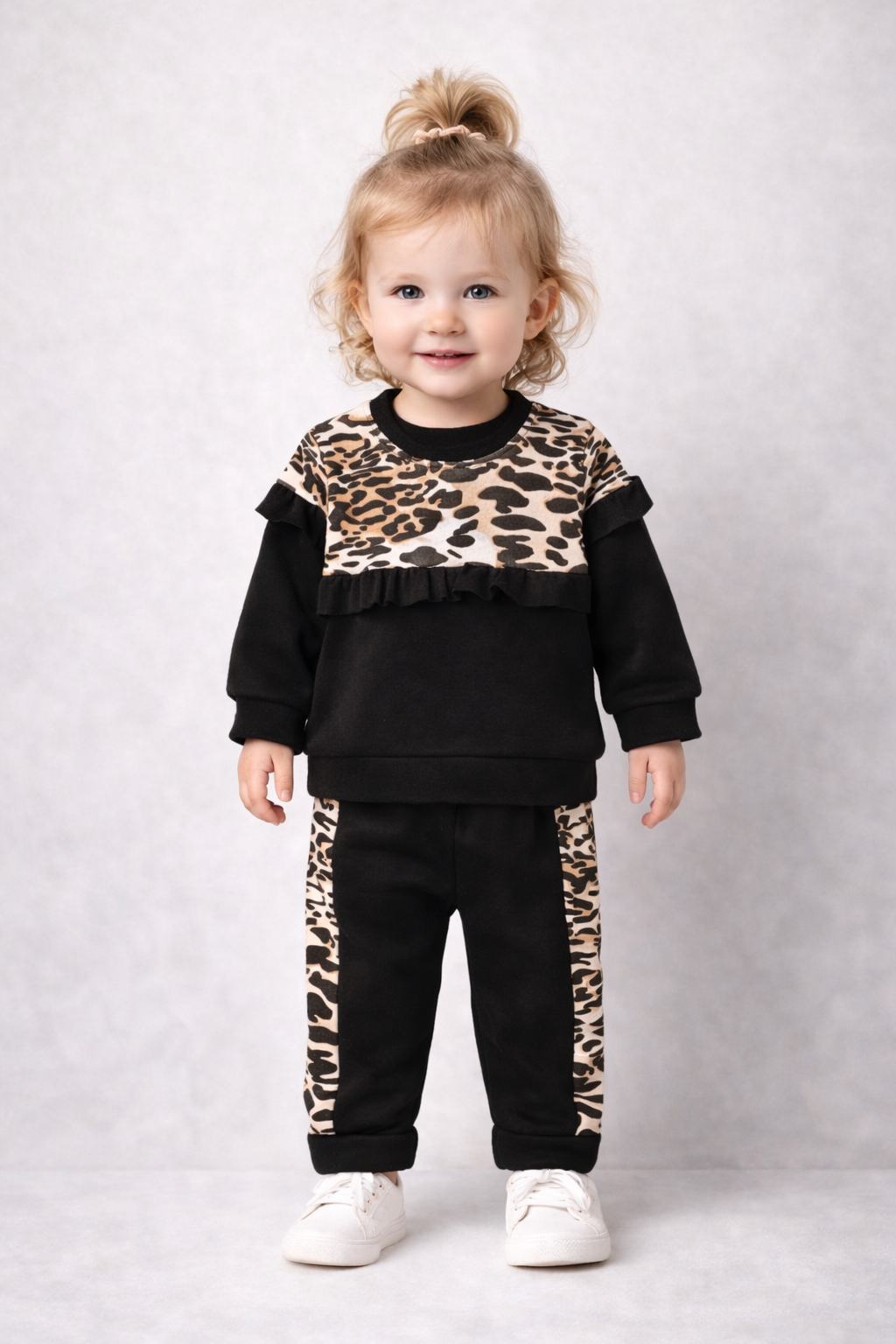 Leopar Detaylı Fırfırlı Kız Bebek Çocuk Alt Üst 2'li Takım-Siyah