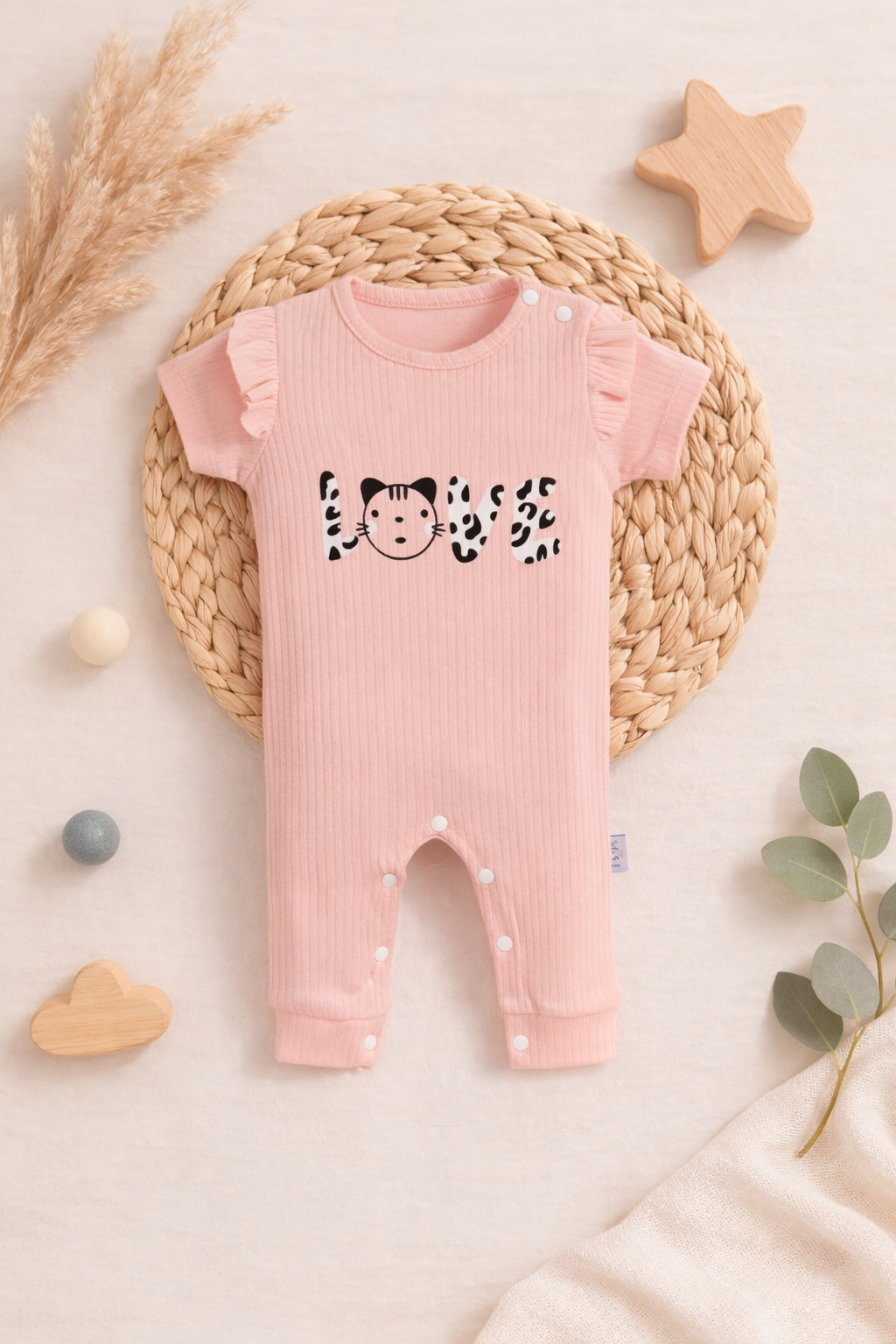 Pamuklu Love Yazılı Yazlık Kız Bebek Tulum-Pembe