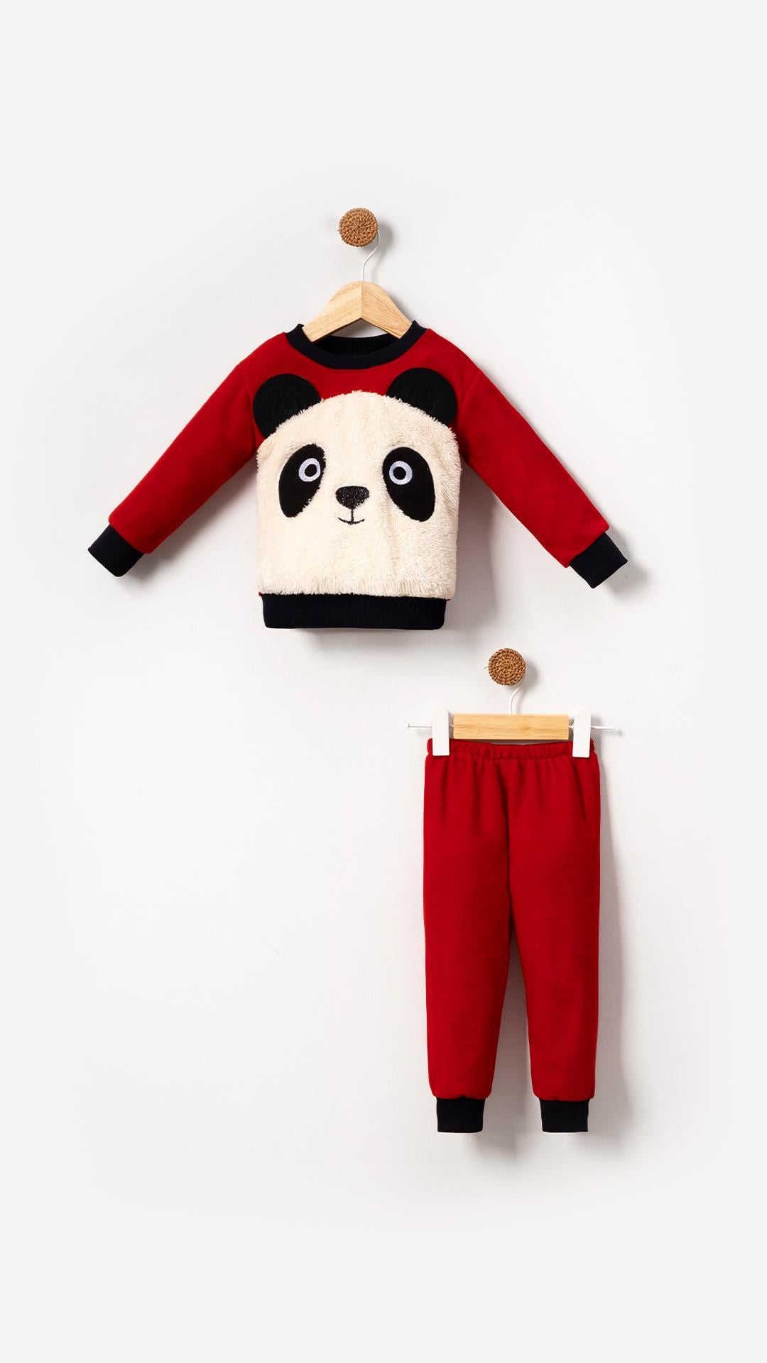 Panda Görselli Bebek & Çocuk Polar Kışlık Alt Üst Takım-Kırmızı