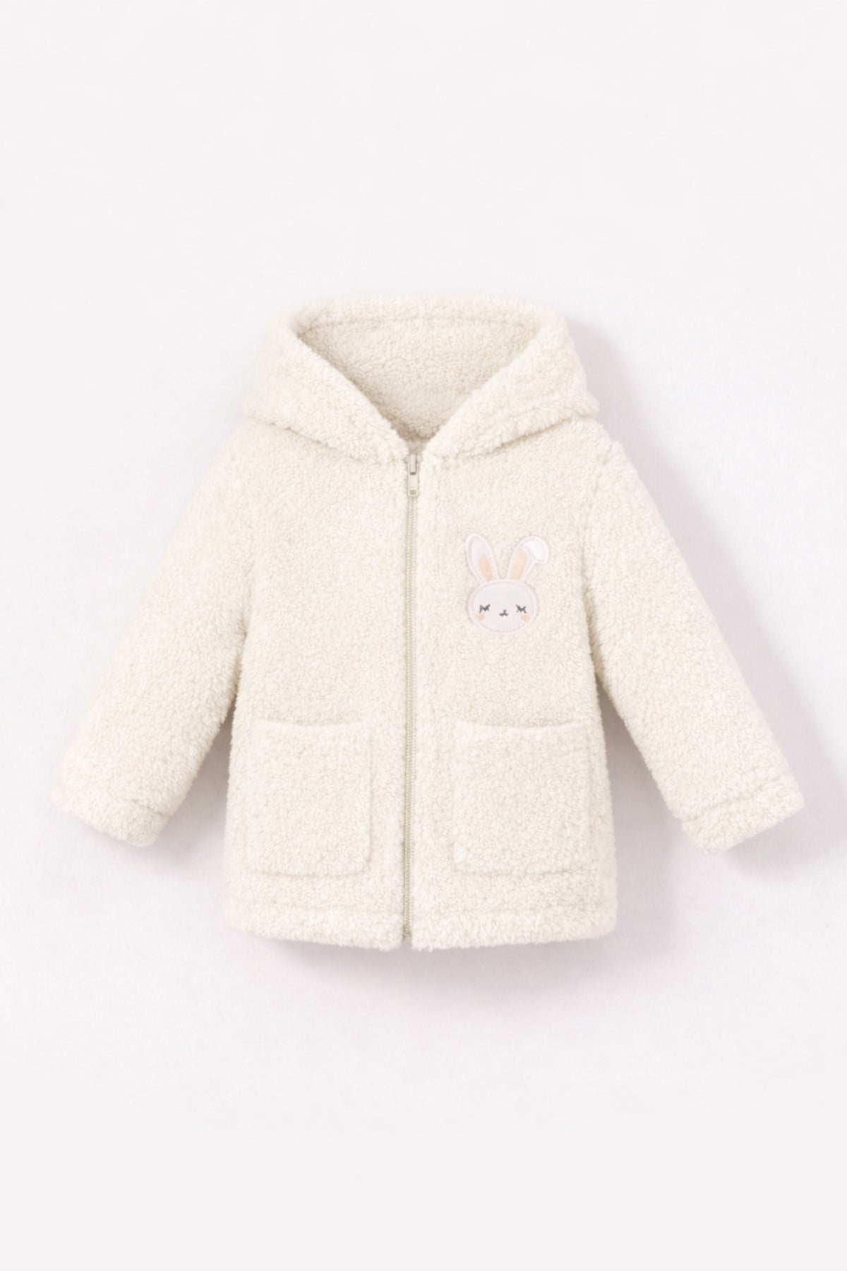 Tavşan Nakışlı Fermuarlı Cepli Kız Bebek Peluş Welsoft Kışlık Hırka-Beyaz