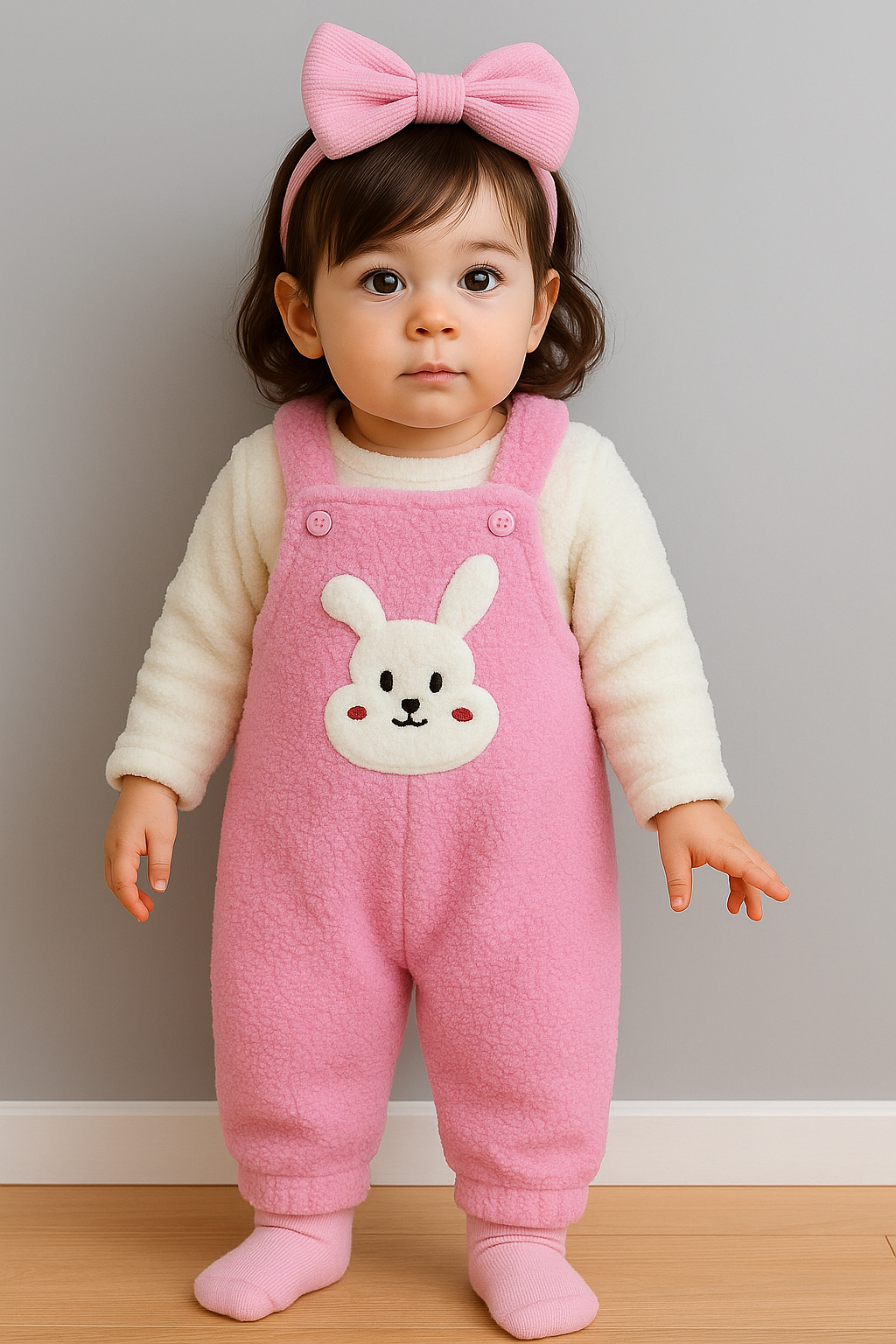 Tavşan Nakışlı Kışlık Peluş Welsoft Bebek Tulum-Pembe