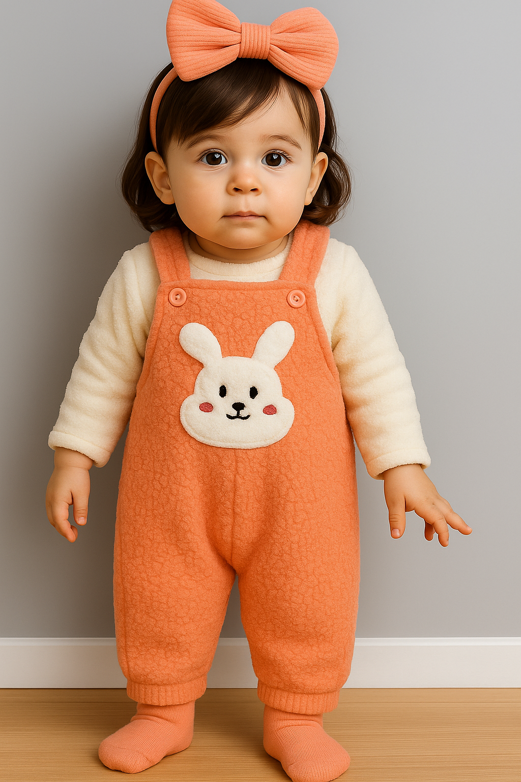 Tavşan Nakışlı Kışlık Peluş Welsoft Bebek Tulum-Turuncu