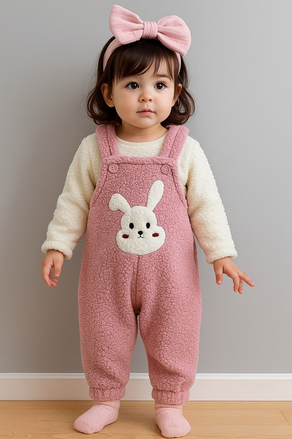 Tavşan Nakışlı Kışlık Peluş Welsoft Bebek Tulum-Somon