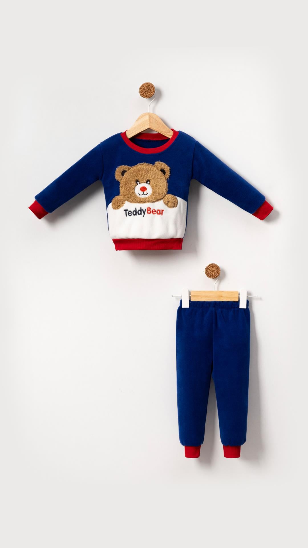 Teddy Bear Görselli Erkek Bebek & Çocuk Polar Kışlık Alt Üst Takım-Mavi