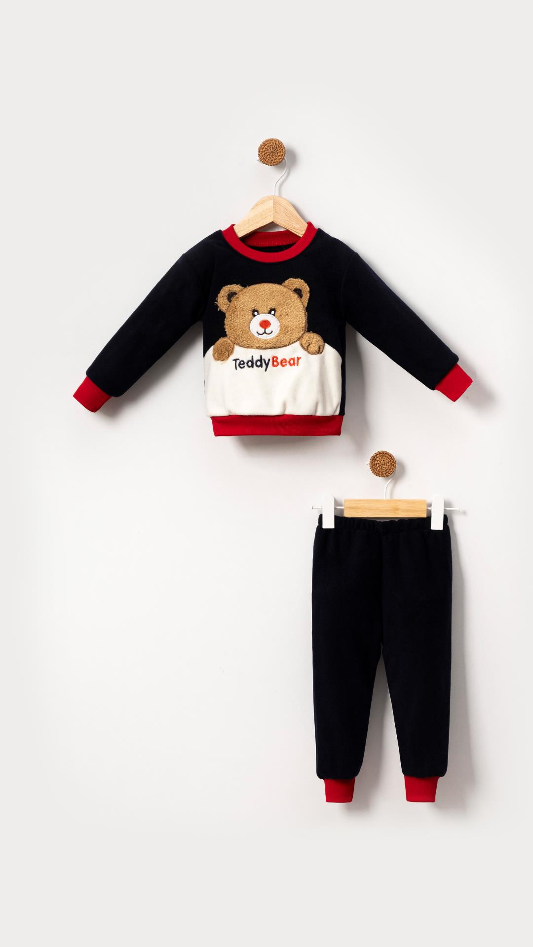 Teddy Bear Görselli Erkek Bebek & Çocuk Polar Kışlık Alt Üst Takım-Siyah